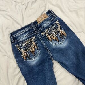Miss Me Blue Jeans Gold Feather Embroidery Distressed Faded Bootcut Denim Jeans